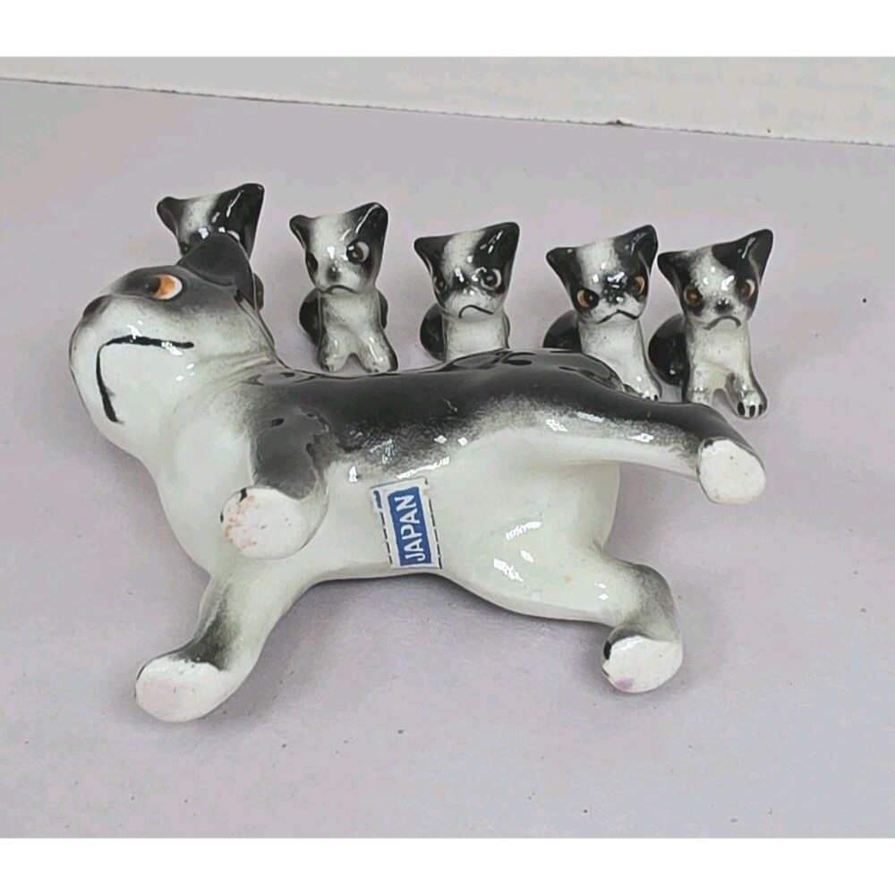 Vintage Figurines 1950's Porcelain Boston Terrier With 5 Puppies Japan - Picture 5 of 8
